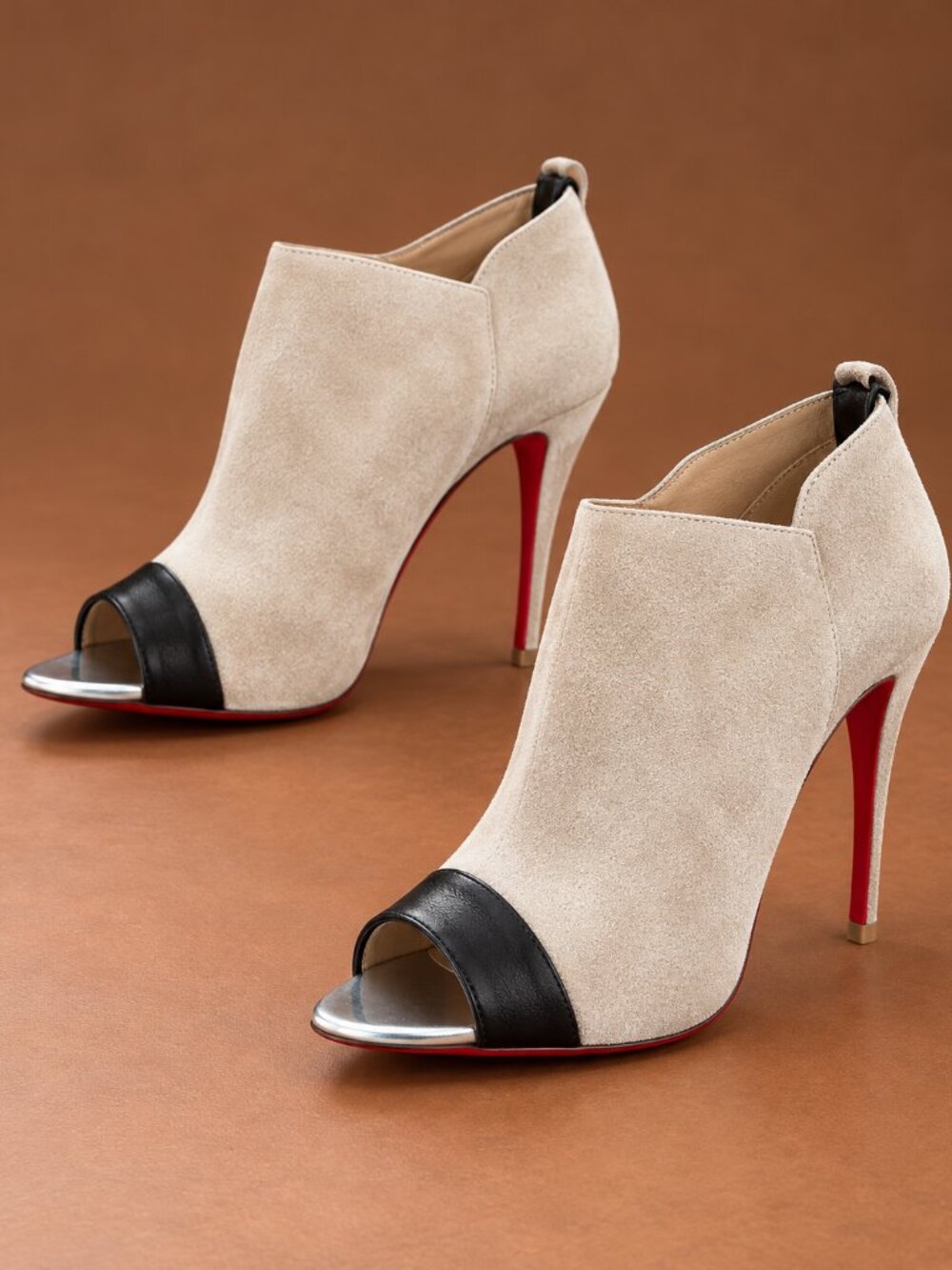 Christian Louboutin Beige Suede Peep Toe Booties Ankle Wrap Stiletto 35